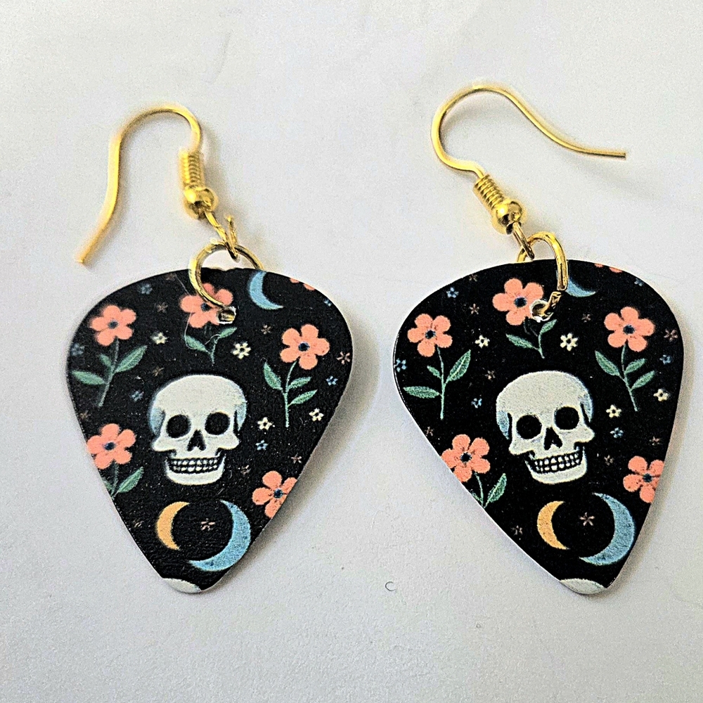 Guitar Pick Drop Earrings. Skull & Orange Flowers. Brand New.